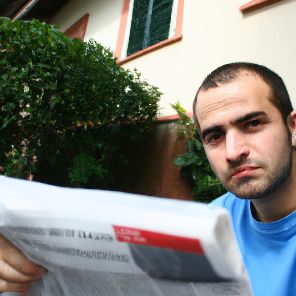 Person reading newspaper, looking skeptical