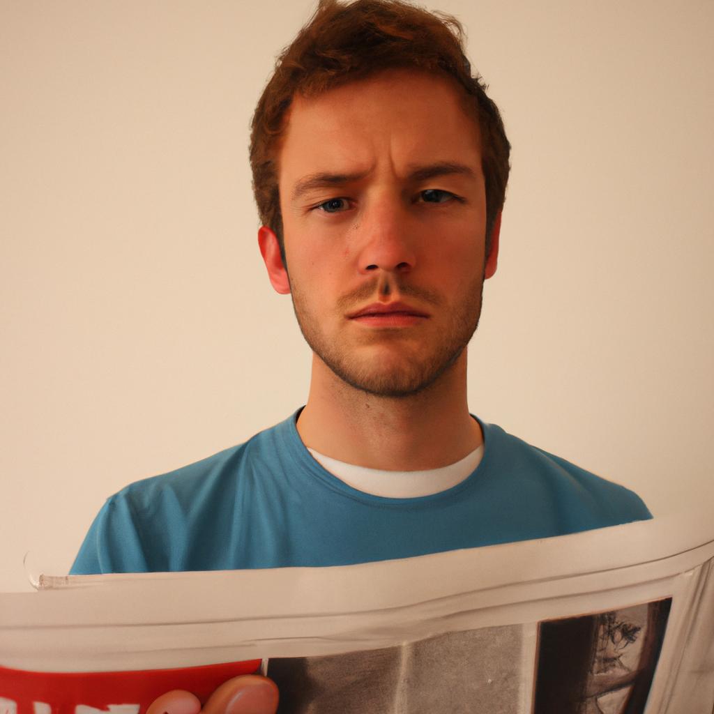 Person holding newspaper, looking skeptical