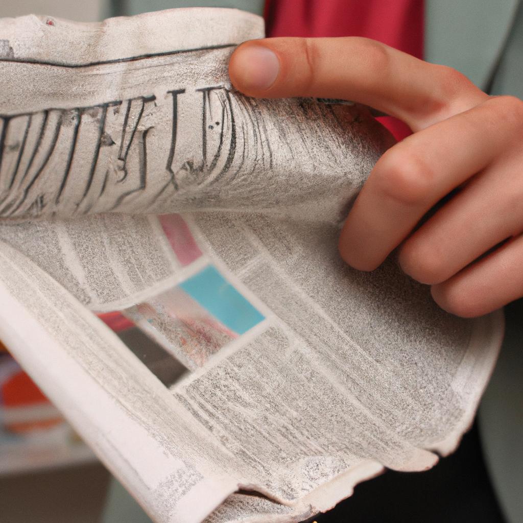 Person holding newspaper, reading critically